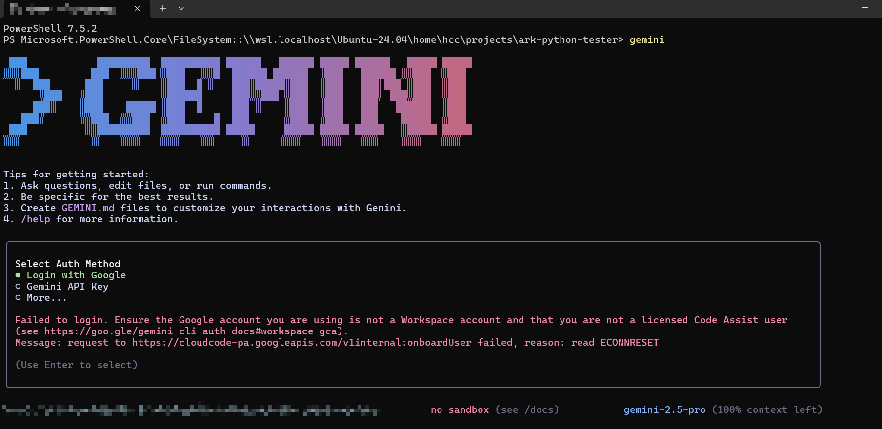 gemini-cli 成功執行，並使用 Gemini 2.5 Pro 模型